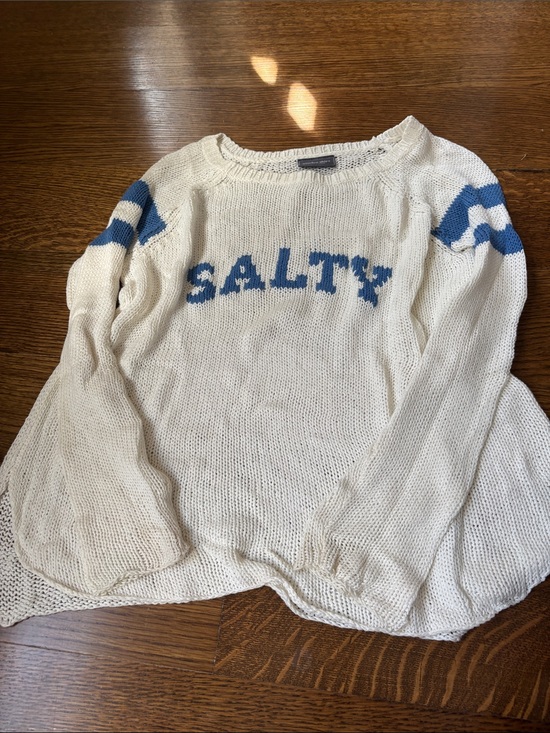 Wooden Ships Sweaters - Wooden Ships Salty Graphic Knit Sweater - White with Blue Accent